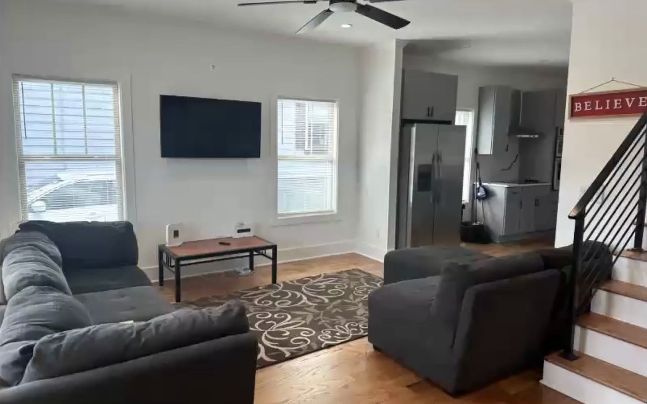 The living room in Megan Giles's sober living home in Kirkwood, Georgia