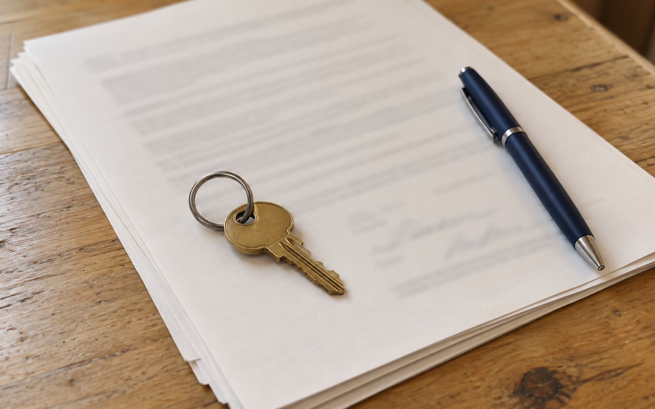 A house key resting on a signed lease, with a pen beside it