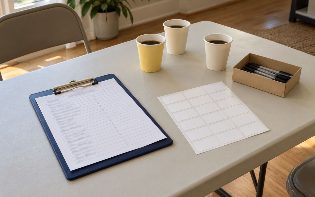 A folding table set for a small meeting, with a sign-in sheet, name badges and coffee cups